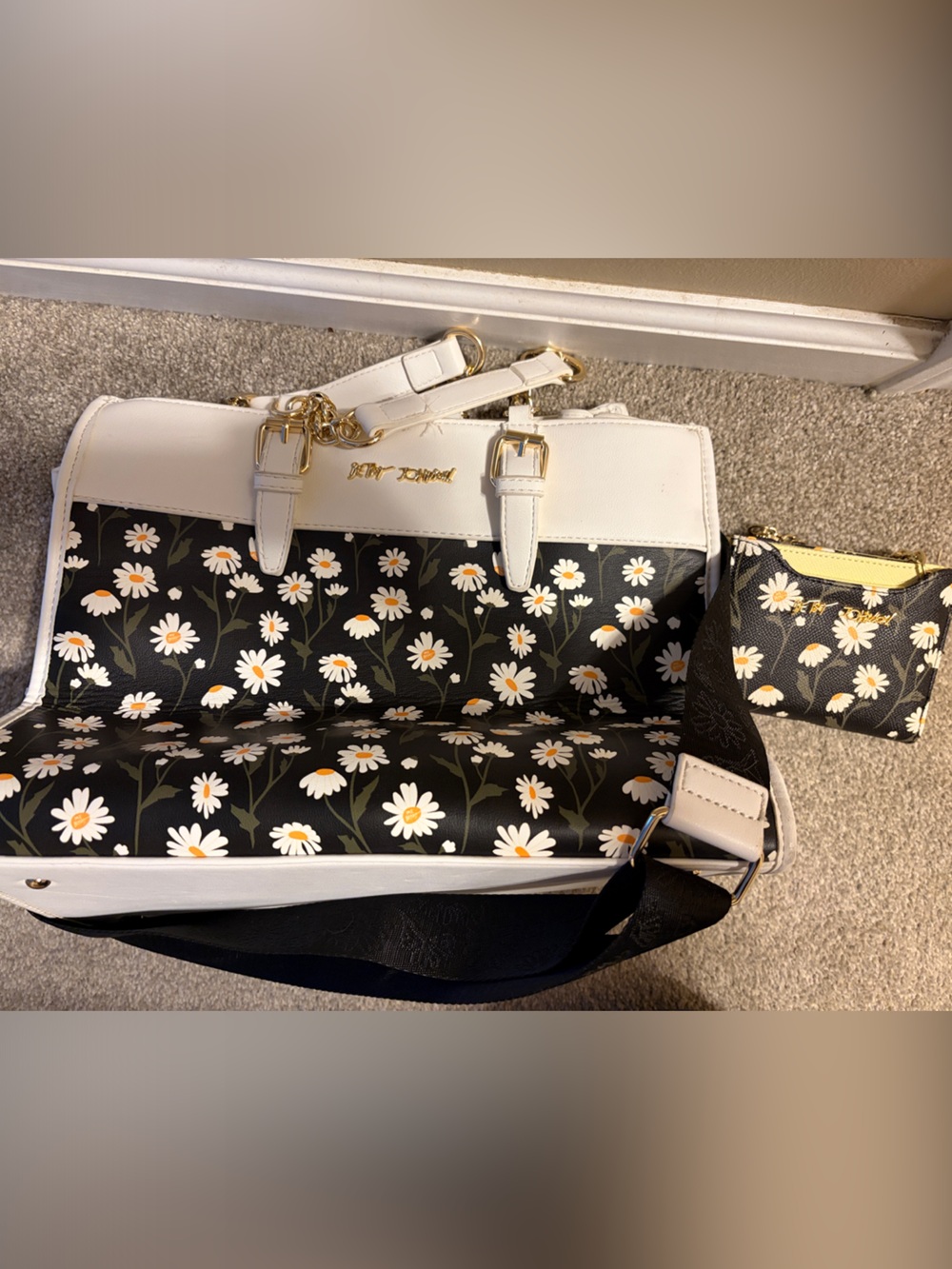 Betsey Johnson White Satchel with Daisy-Print Interior and Coin Pouch